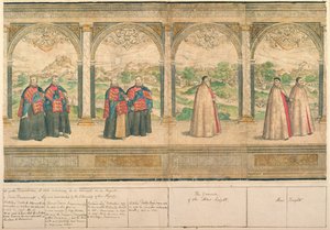 Procession composite imaginaire des Chevaliers de la Jarretière à Windsor, gravée par Marcus Gheeraerts l